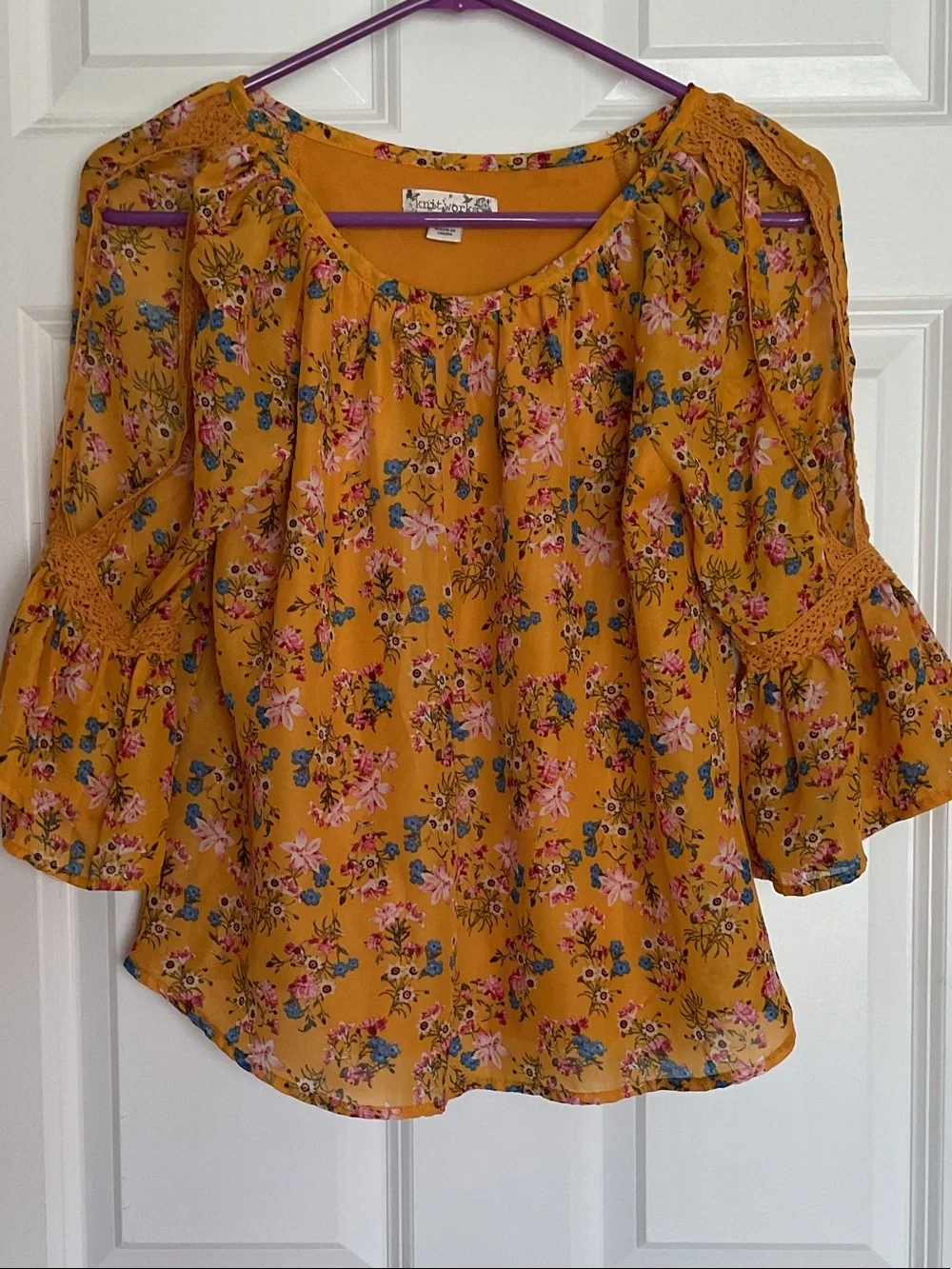 Knitworks Mustard Floral Cold-Shoulder Blouse